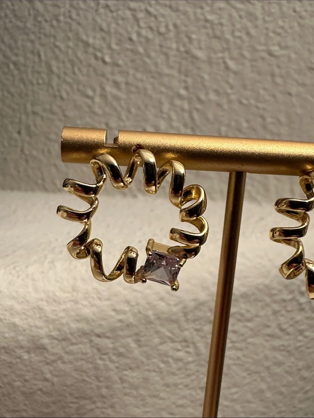Fashion Jewelry Gold Spiral Hoop Earrings with Clear Stone Accent